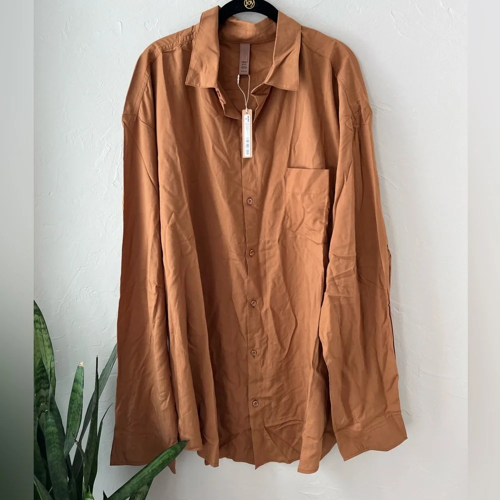 🤎SKIMS SWIM COVER UP LONG SLEEVE BUTTON UP SHIRT ALMOND 2X